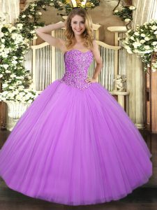 High Quality Lilac Sleeveless Floor Length Beading Lace Up 15 Quinceanera Dress