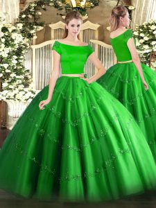 Hot Selling Short Sleeves Tulle Floor Length Zipper Quinceanera Dresses in Green with Appliques