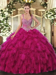 Ball Gowns Sweet 16 Quinceanera Dress Fuchsia Straps Organza Sleeveless Floor Length Lace Up