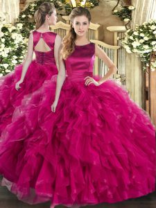 Fuchsia Sleeveless Floor Length Ruffles Lace Up Quinceanera Dress