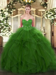 Green Lace Up Sweet 16 Dress Beading Sleeveless Floor Length