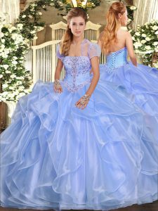 Sumptuous Sleeveless Floor Length Appliques and Ruffles Lace Up Quinceanera Dress with Light Blue