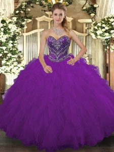 Purple Tulle Lace Up Military Ball Gowns Sleeveless Floor Length Beading and Ruffled Layers