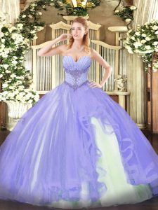 Decent Lavender Ball Gowns Beading and Ruffles Quinceanera Gown Lace Up Tulle Sleeveless Floor Length
