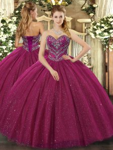Beauteous Fuchsia Ball Gown Prom Dress Military Ball and Sweet 16 and Quinceanera with Beading Sweetheart Sleeveless Lace Up