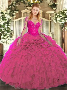 Scoop Long Sleeves 15 Quinceanera Dress Floor Length Lace and Ruffles Fuchsia Organza
