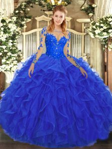 Comfortable Scoop Long Sleeves Tulle Ball Gown Prom Dress Lace and Ruffles Lace Up