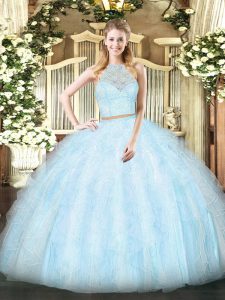 Floor Length Light Blue Ball Gown Prom Dress Scoop Sleeveless Zipper