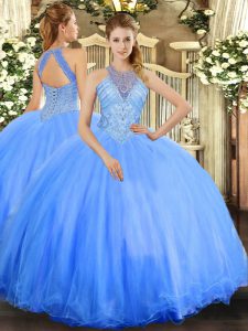 Blue Ball Gowns Beading Ball Gown Prom Dress Lace Up Tulle Sleeveless Floor Length