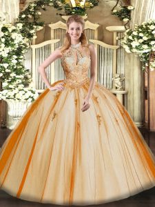 Halter Top Sleeveless Quince Ball Gowns Floor Length Lace and Appliques Orange Red Tulle