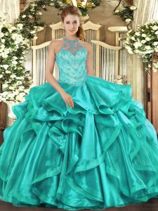Perfect Turquoise Organza Lace Up Halter Top Sleeveless Floor Length Military Ball Gown Beading and Embroidery and Ruffles