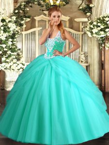 Glamorous Floor Length Lace Up Party Dress for Girls Apple Green for Military Ball and Sweet 16 and Quinceanera with Beading and Pick Ups