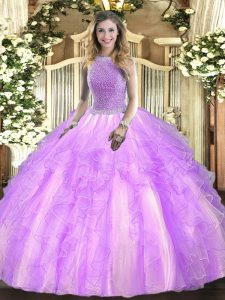 Top Selling Lavender Quinceanera Gown Military Ball and Sweet 16 and Quinceanera with Beading and Ruffles Square Sleeveless Lace Up
