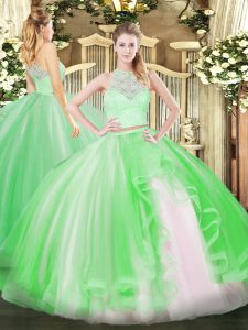Scoop Sleeveless Juniors Party Dress Floor Length Lace and Ruffles Green Tulle