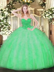 Apple Green Organza Lace Up Sweetheart Sleeveless Floor Length 15th Birthday Dress Ruffles
