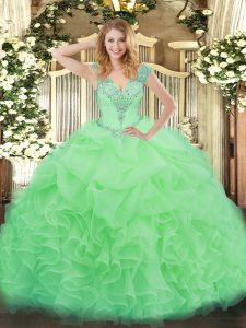 Wonderful Floor Length Lace Up Ball Gown Prom Dress Apple Green for Military Ball and Sweet 16 and Quinceanera with Ruffles