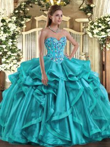 Custom Designed Teal Quince Ball Gowns Military Ball and Sweet 16 and Quinceanera with Embroidery and Ruffles Sweetheart Sleeveless Lace Up