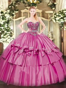 Glamorous Pink Organza and Taffeta Lace Up Sweetheart Sleeveless Floor Length Sweet 16 Dresses Beading and Ruffled Layers