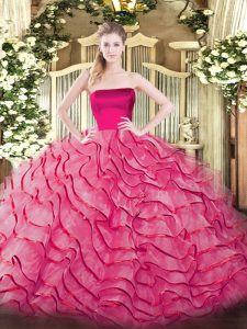 Eye-catching Hot Pink Sleeveless Tulle Brush Train Zipper Sweet 16 Dresses for Military Ball and Sweet 16 and Quinceanera