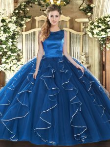 Floor Length Blue Sweet 16 Quinceanera Dress Scoop Sleeveless Lace Up
