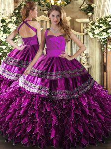 Halter Top Sleeveless Ball Gown Prom Dress Floor Length Embroidery and Ruffles Fuchsia Satin and Organza