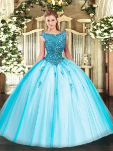 Aqua Blue Ball Gowns Scoop Cap Sleeves Tulle Floor Length Zipper Beading and Appliques Quinceanera Gown