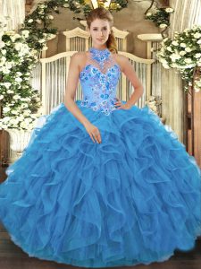 Traditional Baby Blue Lace Up Quinceanera Gowns Beading and Embroidery and Ruffles Sleeveless Floor Length