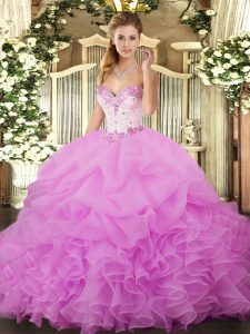 Sleeveless Floor Length Beading and Ruffles and Pick Ups Lace Up Quince Ball Gowns with Lilac