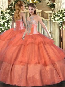 Nice Sweetheart Sleeveless 15th Birthday Dress Floor Length Beading and Ruffled Layers Coral Red Tulle