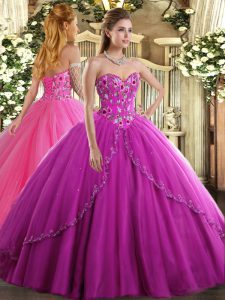 Fuchsia 15th Birthday Dress Tulle Brush Train Sleeveless Appliques and Embroidery