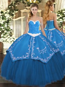 Stunning Blue Sleeveless Floor Length Appliques and Embroidery Lace Up Quinceanera Gowns