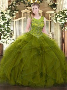 Glorious Floor Length Olive Green Quinceanera Gown Organza Sleeveless Beading and Ruffles