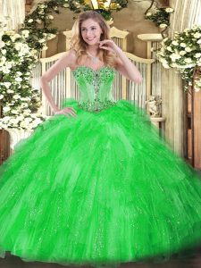 Pretty Sleeveless Tulle Floor Length Lace Up Quince Ball Gowns in Green with Beading and Ruffles