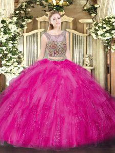 Beading and Ruffles Ball Gown Prom Dress Hot Pink Lace Up Sleeveless Floor Length