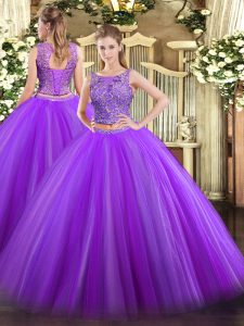 Noble Eggplant Purple Sleeveless Floor Length Beading Lace Up Quinceanera Gown