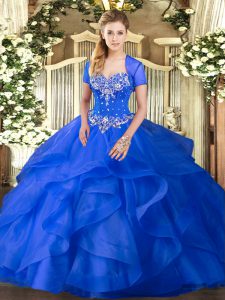 Blue Ball Gowns Beading and Ruffles Sweet 16 Dresses Lace Up Tulle Sleeveless Floor Length