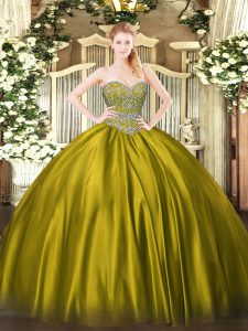 Fabulous Olive Green Satin Lace Up Sweetheart Sleeveless Floor Length Quinceanera Gown Beading