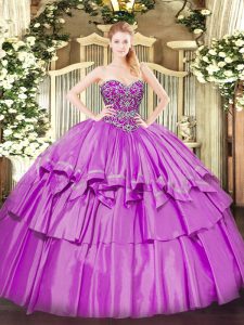 Customized Lilac Sweetheart Neckline Beading and Ruffled Layers Sweet 16 Dresses Sleeveless Lace Up