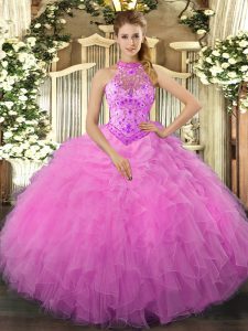 Glamorous Rose Pink Sweet 16 Dresses Sweet 16 and Quinceanera with Beading and Ruffles Halter Top Sleeveless Lace Up