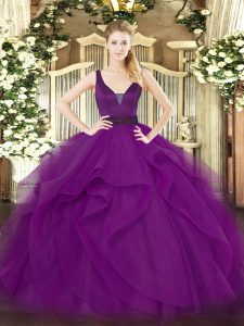 Flare Tulle Sleeveless Floor Length Sweet 16 Quinceanera Dress and Beading and Ruffles