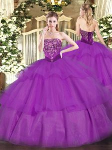 Amazing Purple Tulle Lace Up Sweet 16 Dress Sleeveless Floor Length Beading and Ruffled Layers