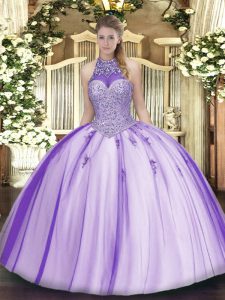 Lavender Quinceanera Gowns Military Ball and Sweet 16 and Quinceanera with Beading and Appliques Halter Top Sleeveless Lace Up