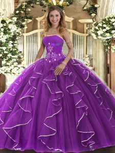 Flare Purple Ball Gowns Beading and Ruffles Sweet 16 Dresses Lace Up Tulle Sleeveless Floor Length