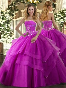Adorable Ball Gowns Quinceanera Gown Fuchsia Strapless Tulle Sleeveless Floor Length Lace Up
