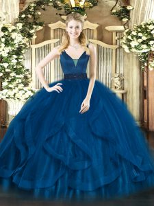 Affordable Royal Blue Sleeveless Beading and Ruffles Floor Length Quinceanera Gowns