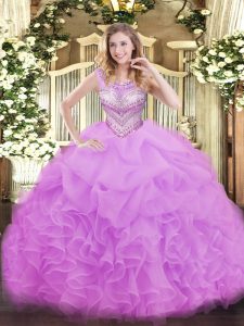 Lilac Ball Gowns Organza Scoop Sleeveless Beading and Ruffles and Pick Ups Floor Length Lace Up Quinceanera Dresses