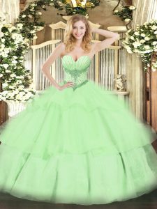 Yellow Green Sleeveless Floor Length Beading and Ruffled Layers Lace Up Quinceanera Dresses