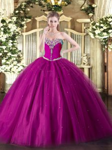 Extravagant Floor Length Lace Up Vestidos de Quinceanera Fuchsia for Military Ball and Sweet 16 and Quinceanera with Beading