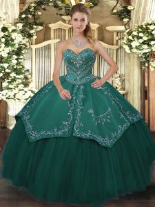 Teal Taffeta and Tulle Lace Up Quinceanera Gowns Sleeveless Floor Length Beading
