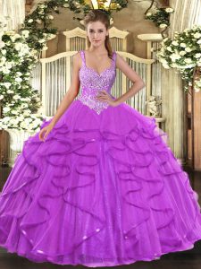 Luxurious Eggplant Purple Ball Gowns Tulle Straps Sleeveless Beading and Ruffles Floor Length Lace Up Quinceanera Dress